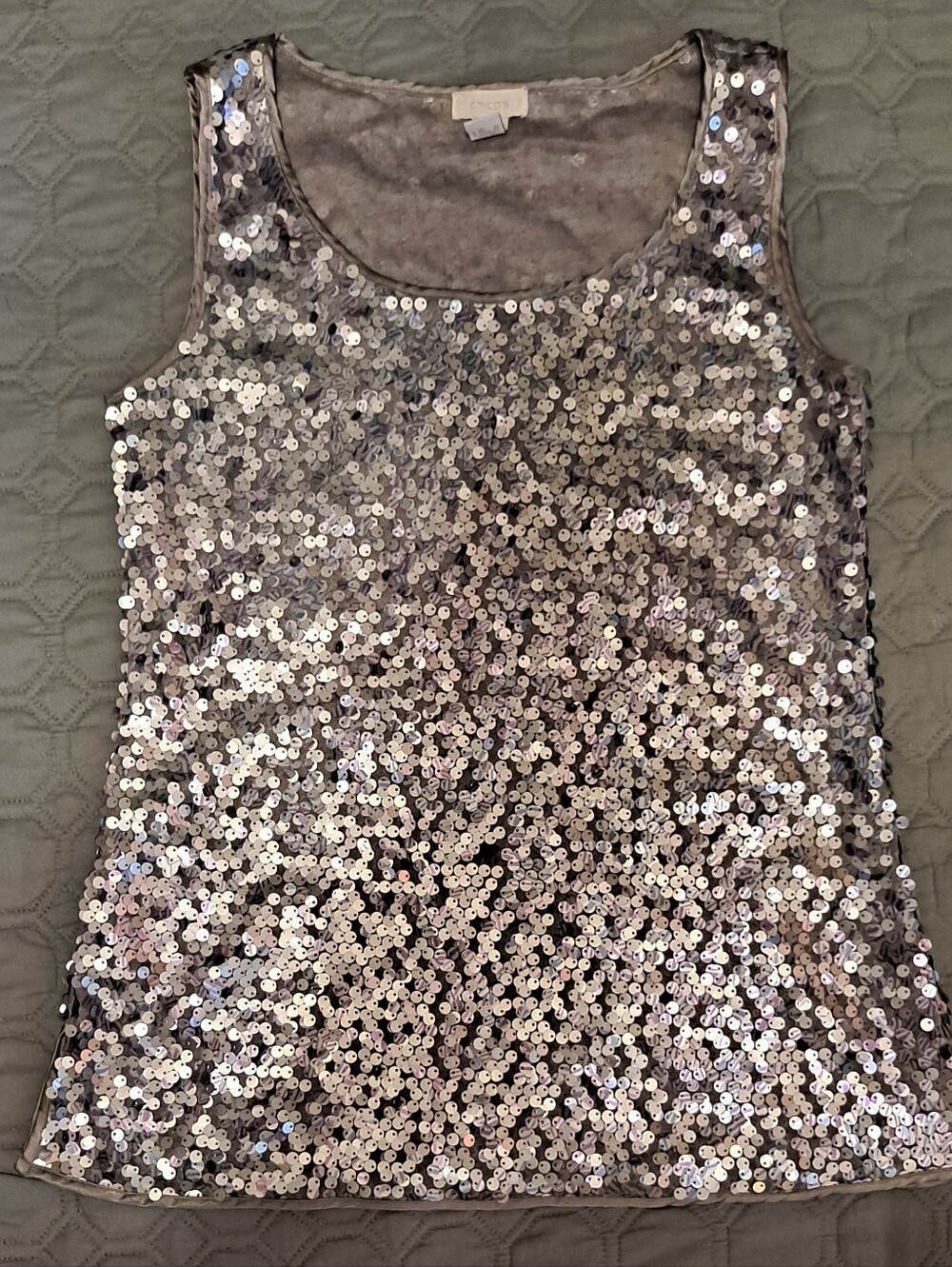 Chico's Size 0 Sequin Scoop Neck Tank Top - Silver